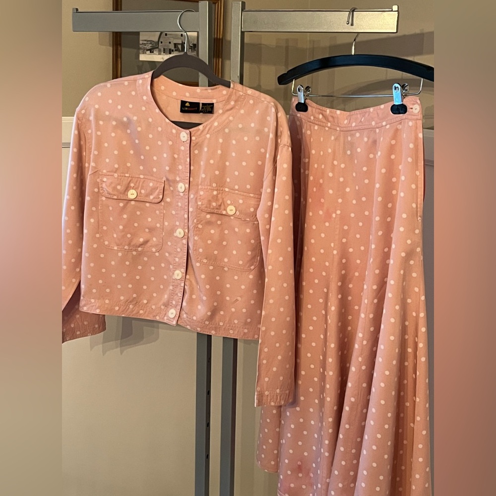 Vintage Liz Sport Pink Polka Dot Skirt and Jacket Set